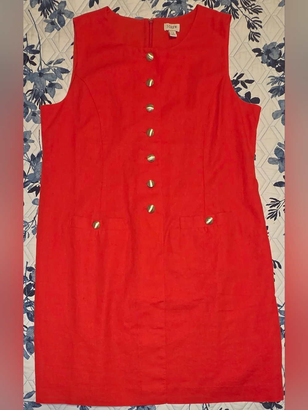 J.Crew NWT Linen Shift Dress Coral Red Gold Button Sleeveless Size 12